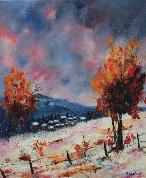 Painting titled "Winter landscape  5…" by Pol Ledent, Original Artwork, Oil Mounted on Wood Stretcher frame