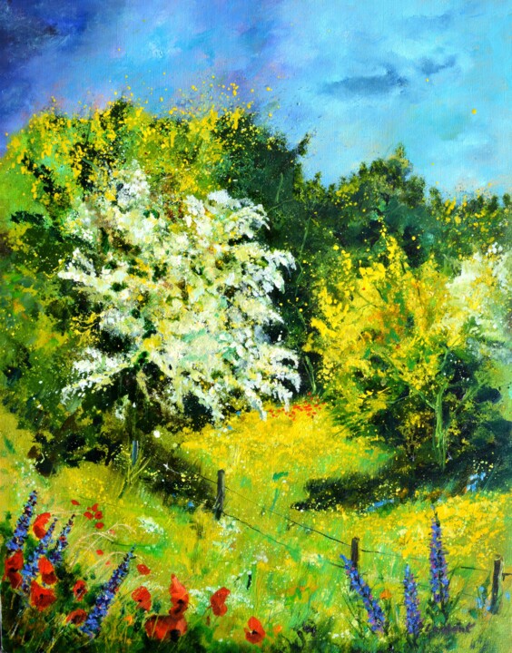 Painting titled "Blooming hawthorn" by Pol Ledent, Original Artwork, Oil Mounted on Wood Stretcher frame