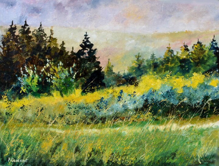 Painting titled "Meadow in my countr…" by Pol Ledent, Original Artwork, Oil Mounted on Wood Stretcher frame