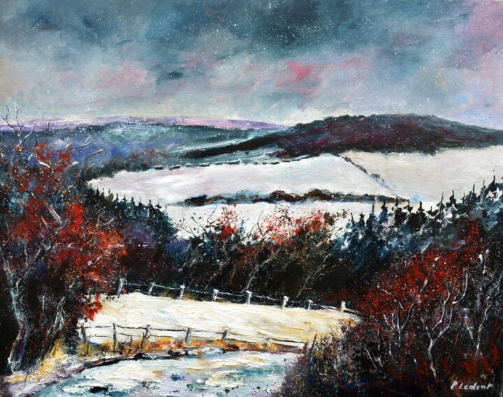 Malarstwo zatytułowany „Winter in bois jacq…” autorstwa Pol Ledent, Oryginalna praca, Olej Zamontowany na Drewniana rama nos…