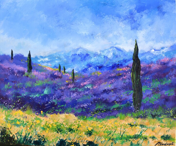 Pintura intitulada "Lavender in Provenc…" por Pol Ledent, Obras de arte originais, Óleo Montado em Armação em madeira