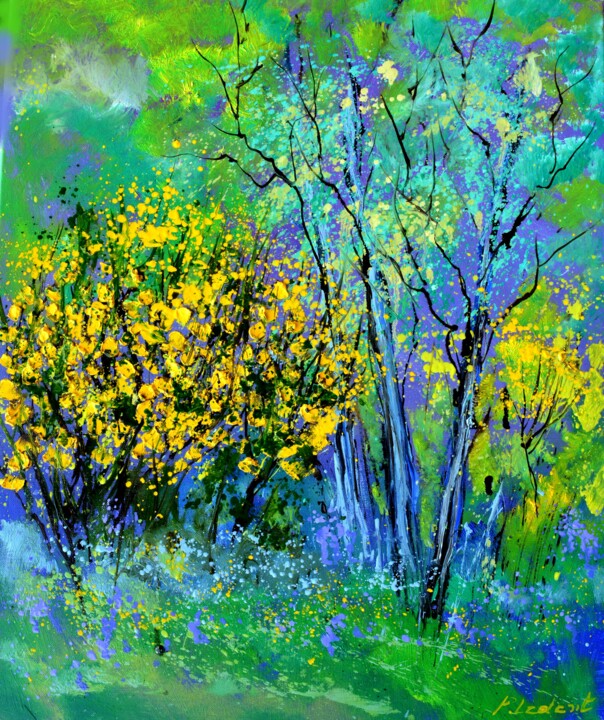 Painting titled "Yellow brooms 56" by Pol Ledent, Original Artwork, Oil Mounted on Wood Stretcher frame