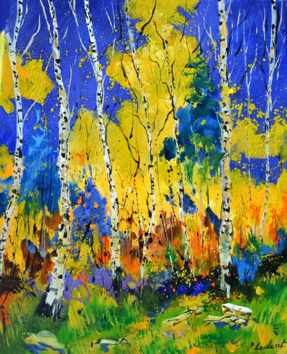 Pintura titulada "Aspen trees 45" por Pol Ledent, Obra de arte original, Oleo Montado en Bastidor de camilla de madera