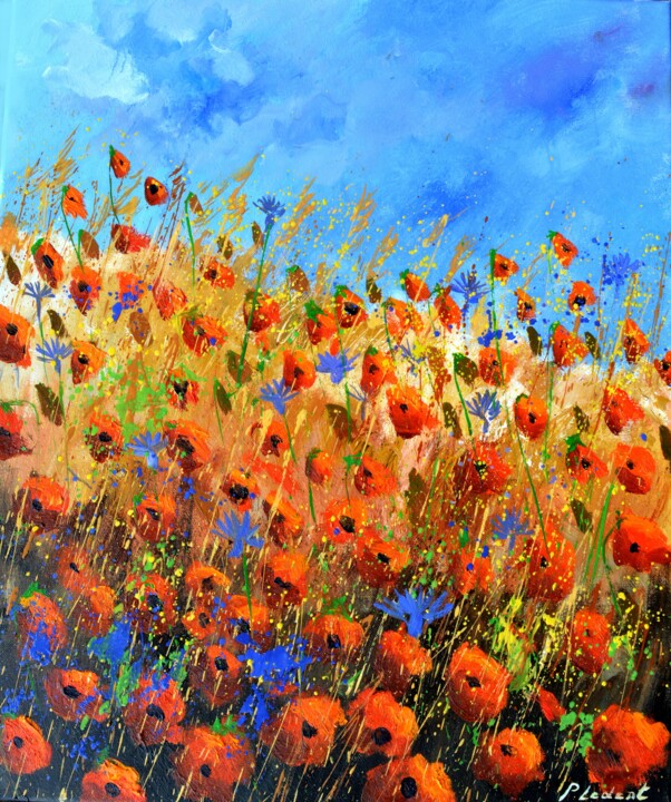 Painting titled "Red poppies forever" by Pol Ledent, Original Artwork, Oil Mounted on Wood Stretcher frame