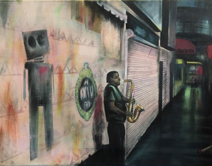 Malerei mit dem Titel "Der Saxofonist" von Polina Baliuk, Original-Kunstwerk, Acryl