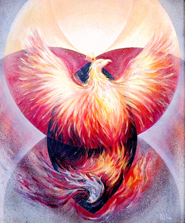 Painting titled "THE PHOENIX - FIREB…" by Polina Gerdjikova (POLINA), Original Artwork, Airbrush Mounted on Wood Stretcher f…