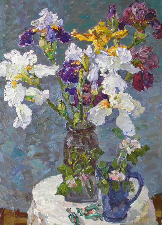 Painting titled "Irises on the grey" by Polina Goretskaya, Original Artwork, Oil Mounted on Wood Stretcher frame