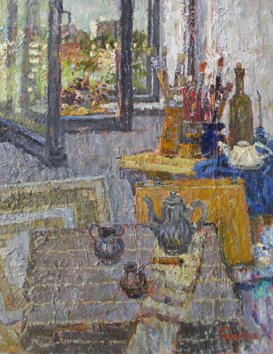 Painting titled "At the workshop" by Polina Goretskaya, Original Artwork, Oil Mounted on Wood Stretcher frame