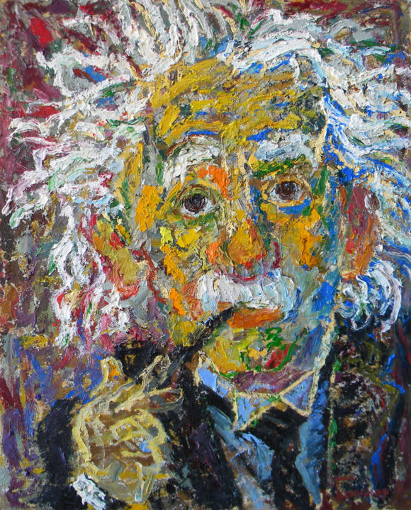 Painting titled "Einstein whith a pi…" by Polina Goretskaya, Original Artwork, Oil Mounted on Cardboard