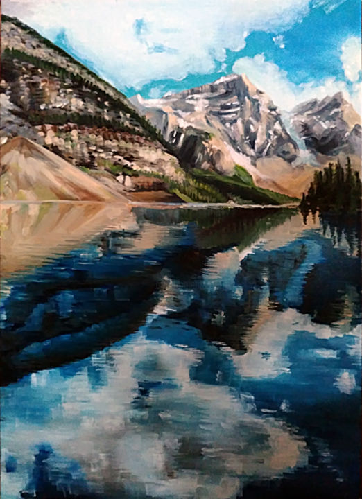 Painting titled "The Lake in Mountans" by Polina Polienkova, Original Artwork, Oil
