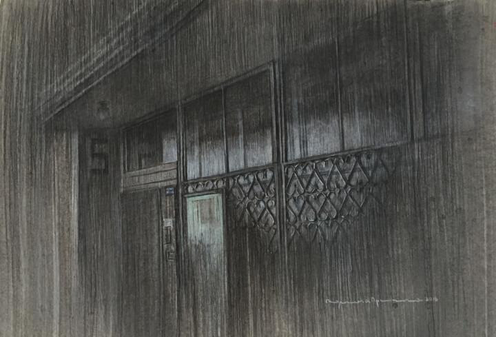 Рисунок под названием "Подъезд №5" - Полина Причина, Подлинное произведение искусства, Древесный уголь