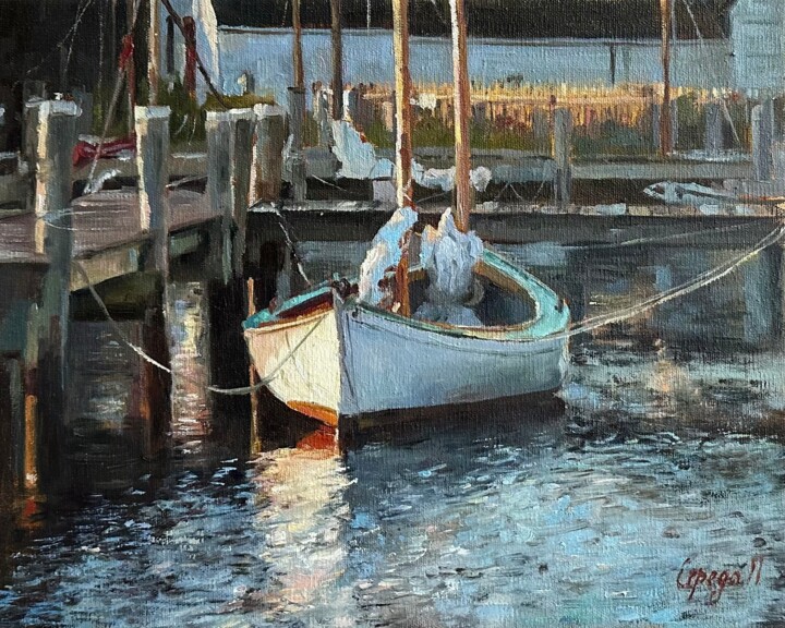 Painting titled "Лодка / boat" by Polina Sereda, Original Artwork, Oil Mounted on Wood Stretcher frame