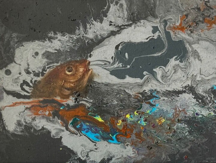 Картина под названием "Golden fish" - Polina Shibanova, Подлинное произведение искусства, Акрил Установлен на Деревянная рам…