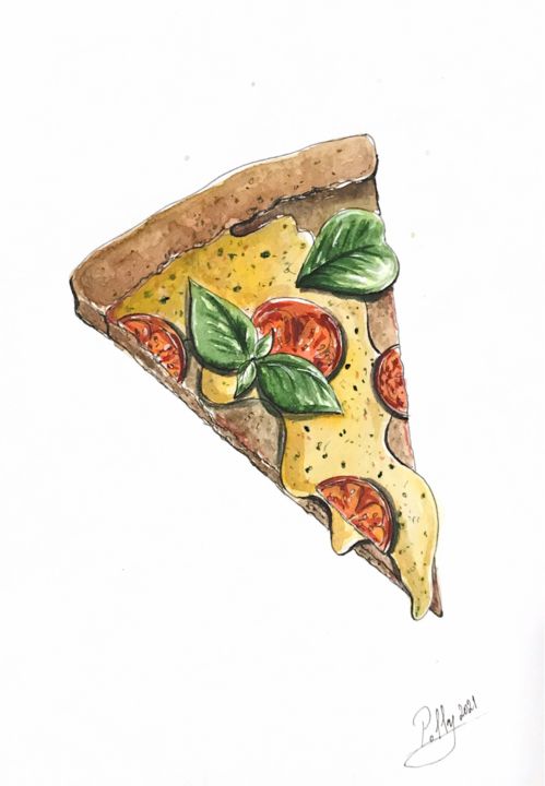 Disegno intitolato "«Pizza »" da Polina Biletska, Opera d'arte originale, Acquarello