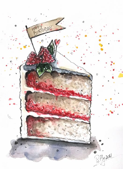 Rysunek zatytułowany „«Малиновый торт»” autorstwa Polina Biletska, Oryginalna praca, Akwarela