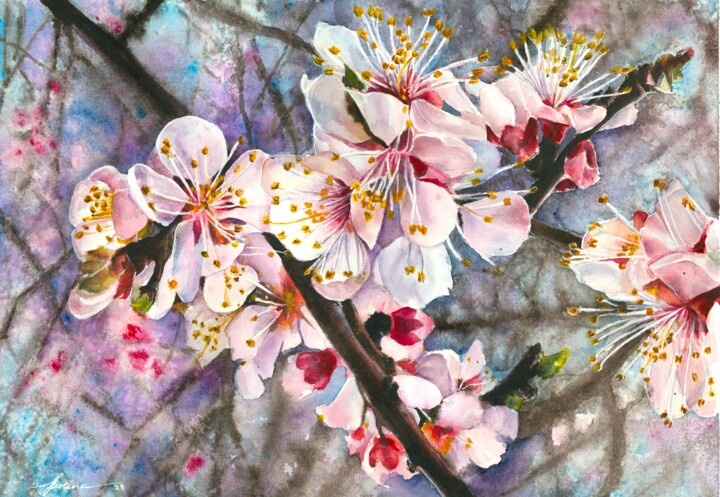 Painting titled "Cherry Blossoms" by Polina Turgunova, Original Artwork, Watercolor