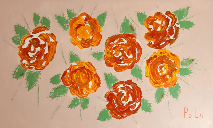 Peinture intitulée "Shiny roses (large…" par Poly, Œuvre d'art originale, Acrylique Monté sur Autre panneau rigide
