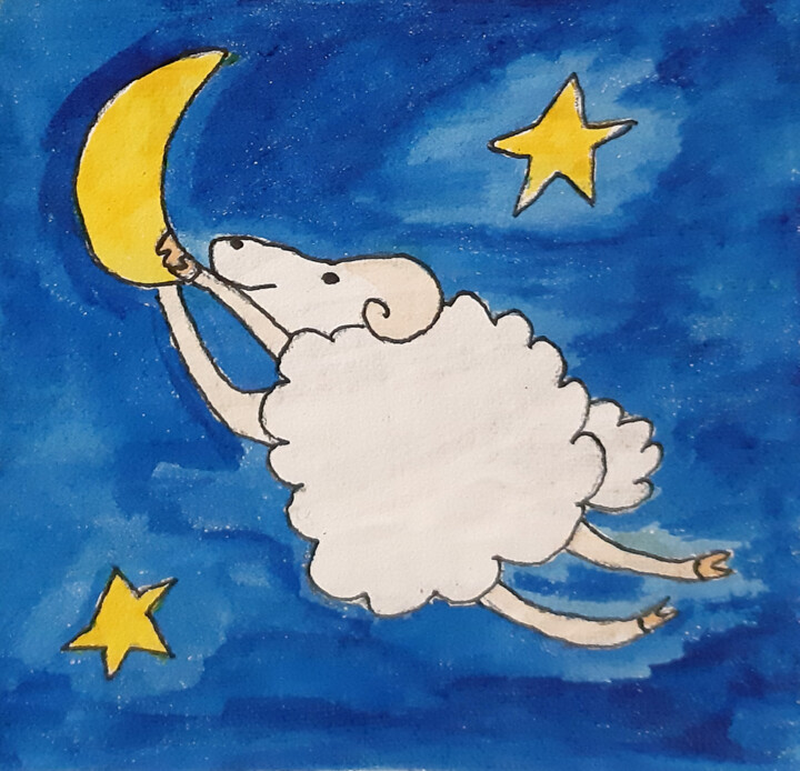 "Sheep in the night…" başlıklı Tablo Poly tarafından, Orijinal sanat, Suluboya Diğer sert panel üzerine monte edilmiş