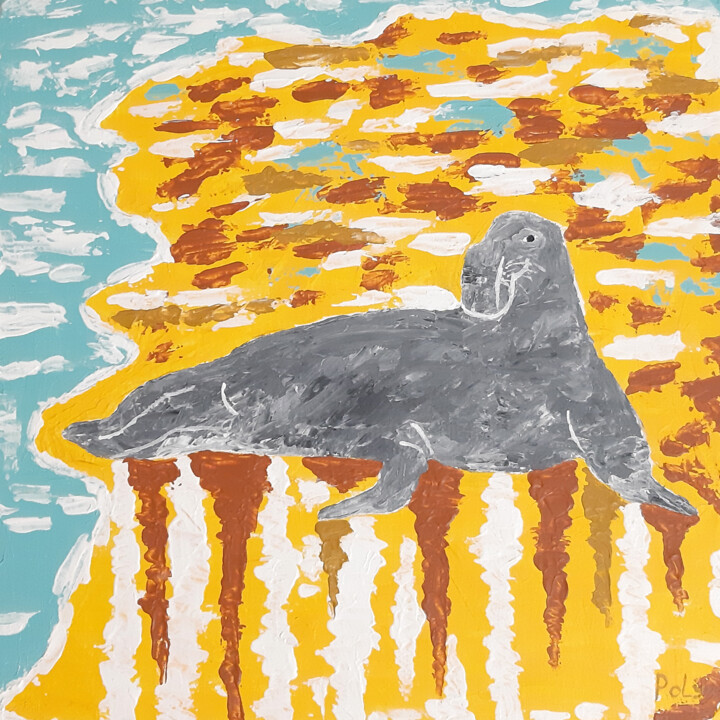 Painting titled "Elephant seal (sea…" by Poly, Original Artwork, Acrylic Mounted on Wood Panel