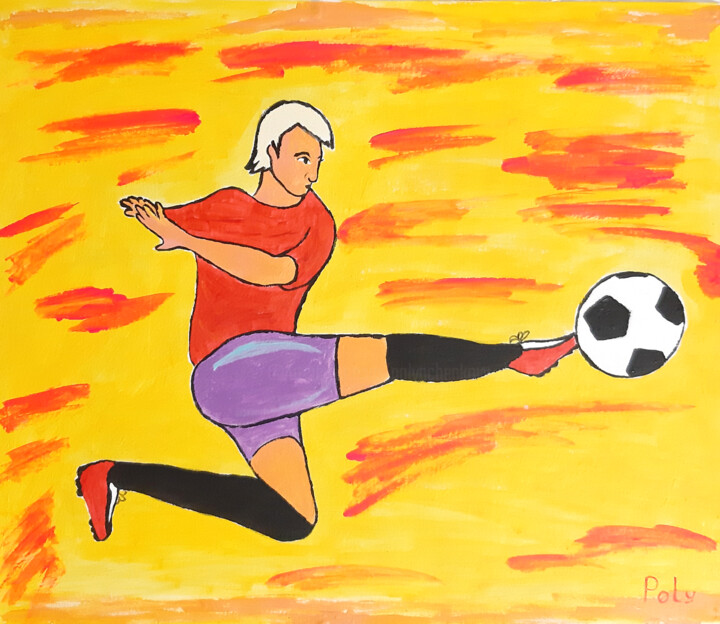 Painting titled "Soccer player with…" by Poly, Original Artwork, Acrylic Mounted on Wood Panel