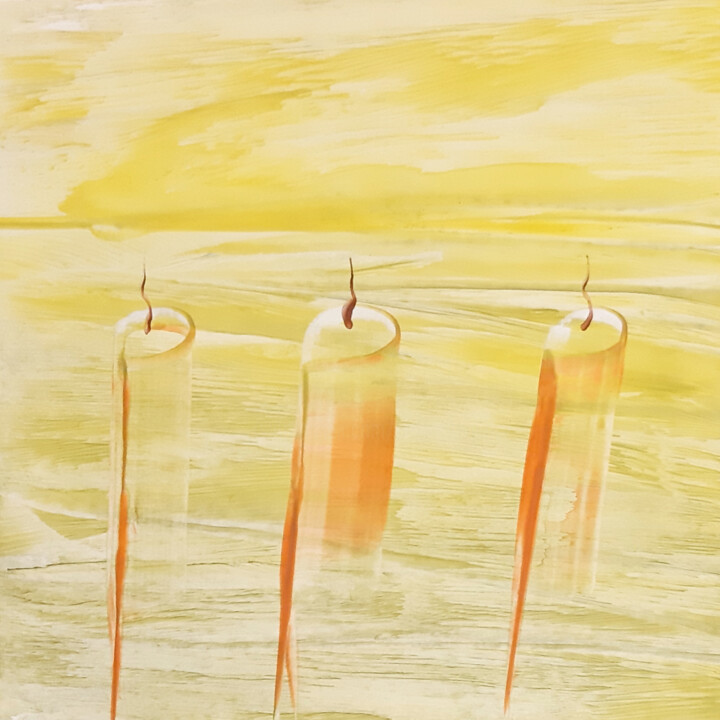 Malerei mit dem Titel "3 candles on a yell…" von Poly, Original-Kunstwerk, Wachs