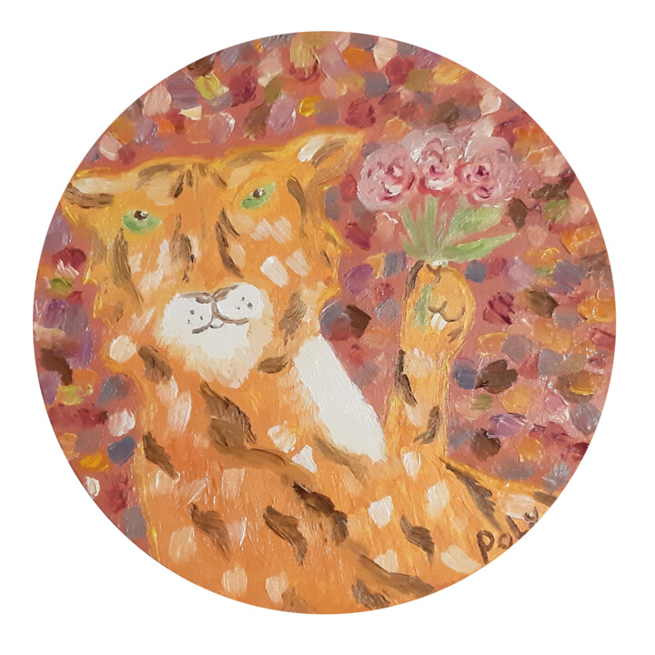 Painting titled "Tiger with flowers…" by Poly, Original Artwork, Oil Mounted on Wood Panel