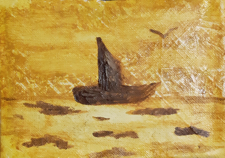 Painting titled "Seascape with a sai…" by Poly, Original Artwork, Oil Mounted on Cardboard