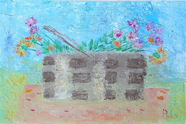 Peinture intitulée "Basket with flowers…" par Poly, Œuvre d'art originale, Huile Monté sur Panneau de bois
