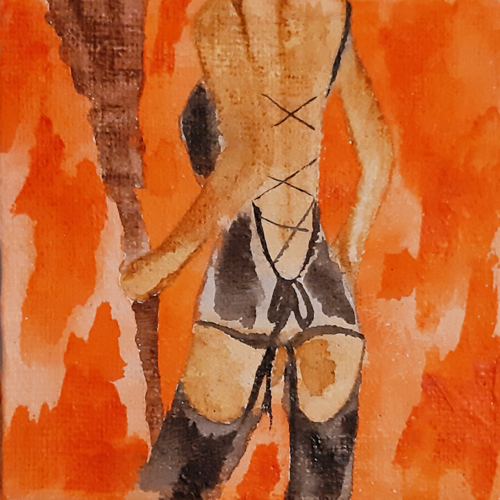 Картина под названием "Witch in lingerie.…" - Poly, Подлинное произведение искусства, Акварель Установлен на Деревянная пане…