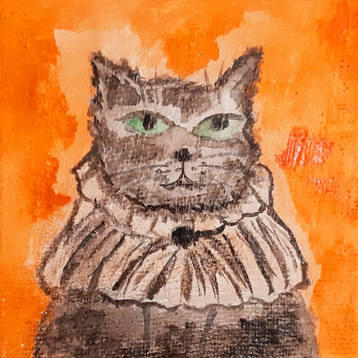 Painting titled "Cat and Halloween (…" by Poly, Original Artwork, Watercolor Mounted on Wood Panel