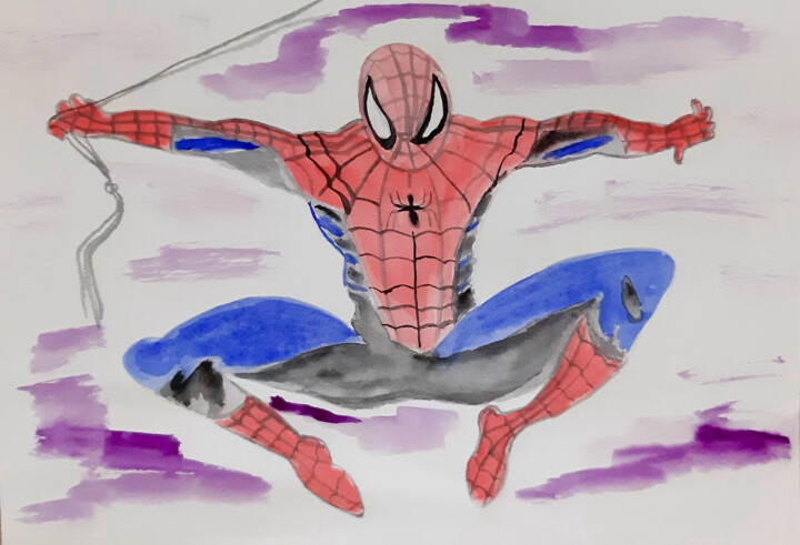 Картина под названием "Spiderman in flight…" - Poly, Подлинное произведение искусства, Акварель