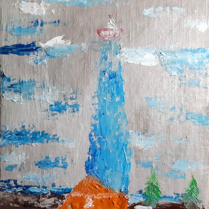 Schilderij getiteld "Lighthouse (impasto…" door Poly, Origineel Kunstwerk, Olie Gemonteerd op Karton