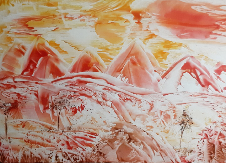 Malerei mit dem Titel "Mountains and sunset" von Poly, Original-Kunstwerk, Wachs