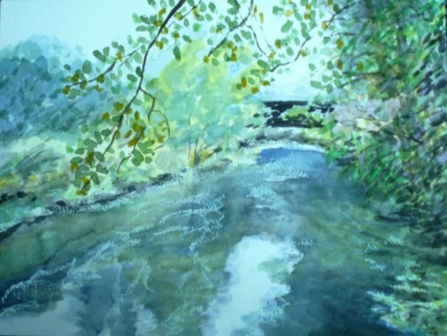 Painting titled "By the River Wey" by Bernice Grundy, Original Artwork, Watercolor