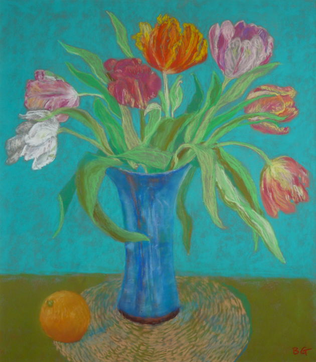 Painting titled "TULIPS AND ORANGE" by Bernice Grundy, Original Artwork, Oil