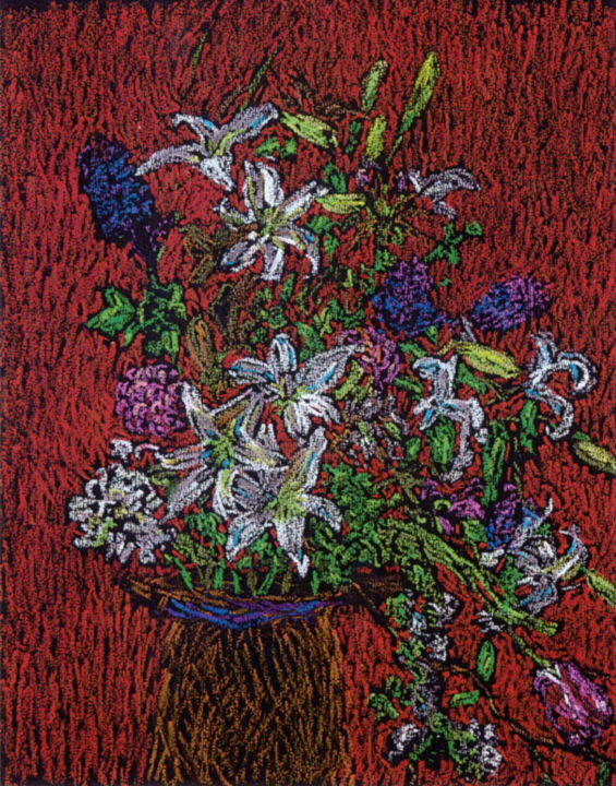 Peinture intitulée "FLOWERS ON RED" par Bernice Grundy, Œuvre d'art originale, Huile