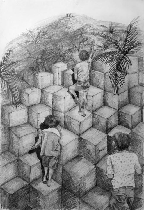 Tekening getiteld "Cubes - 2017" door Pootshee, Origineel Kunstwerk, Potlood