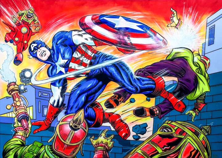 Painting titled "CAPTAIN AMERICA IN…" by Pop Art World, Original Artwork, Acrylic
