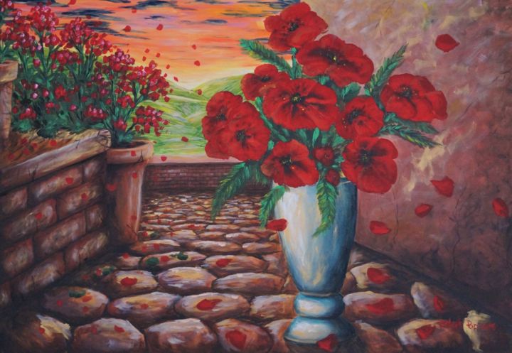 Painting titled "Poppy flower sunset" by Isabelle Pop, Original Artwork, Acrylic