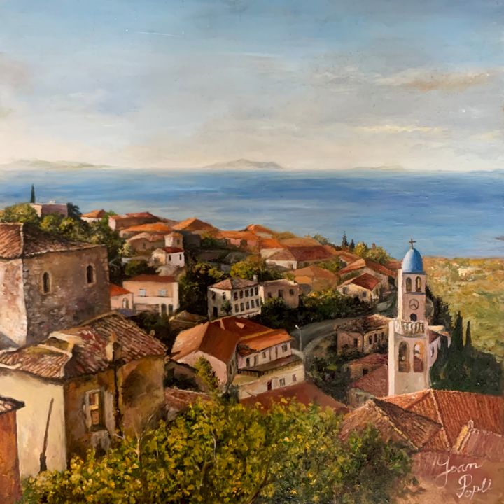Pintura intitulada "Dhermi old village" por Joan Popli, Obras de arte originais, Óleo