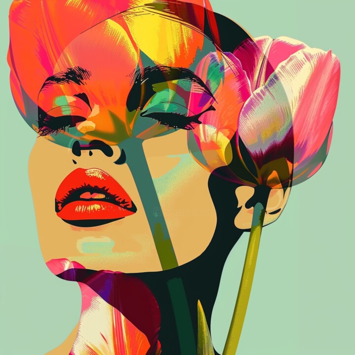 Painting titled "TULIP WOMAN" by Poptonicart, Original Artwork, Digital Collage