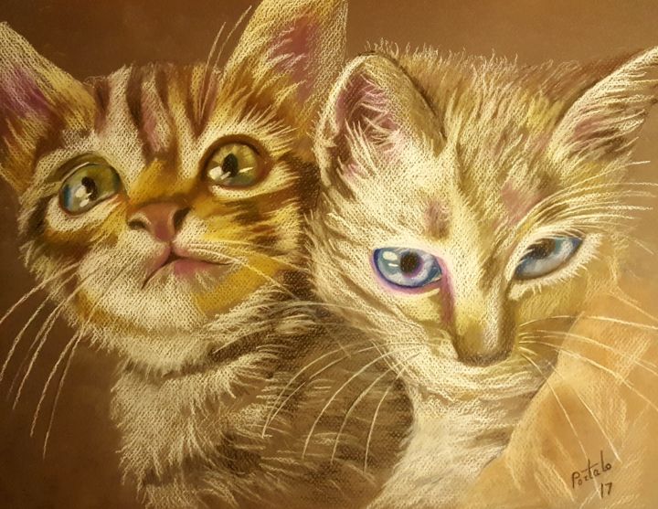 Dibujo titulada "Gatitos" por Portalo, Obra de arte original, Pastel