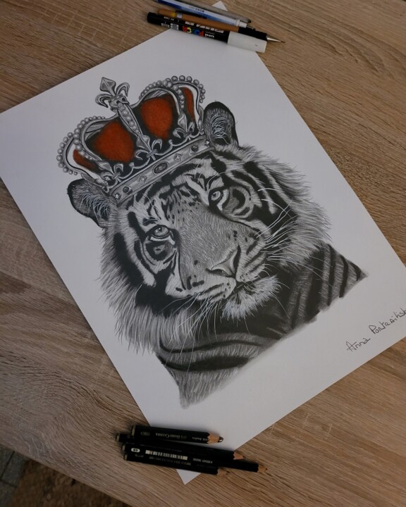 Drawing titled "Tigre couronne" by Anna Portraitiste, Original Artwork, Graphite
