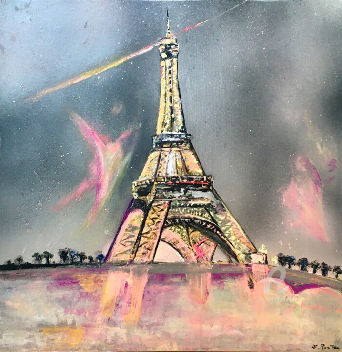 Painting titled "Tour Eiffel" by Nicolas Postec, Original Artwork, Acrylic Mounted on Wood Stretcher frame