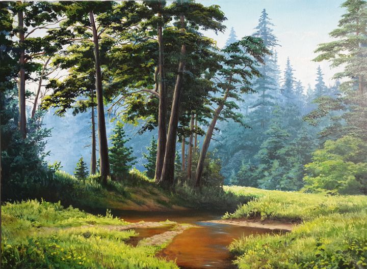 Pintura intitulada "A stream in the for…" por Sergei Potapov, Obras de arte originais, Óleo