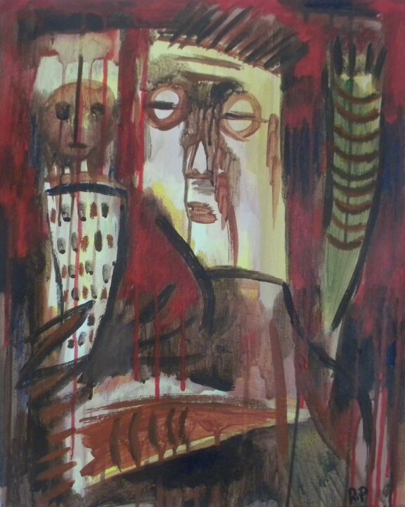 Pintura intitulada "tête masque jaune" por Roberto Poteau, Obras de arte originais, Acrílico