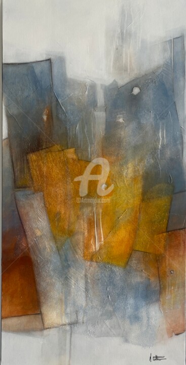 Painting titled "GRIS ET JAUNE" by Nadine Pothier, Original Artwork, Acrylic Mounted on Wood Stretcher frame