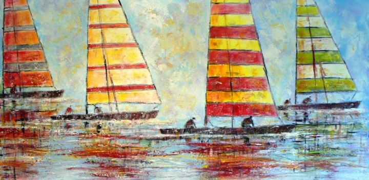 Pintura intitulada "Corrida de barcos à…" por Pousel, Obras de arte originais