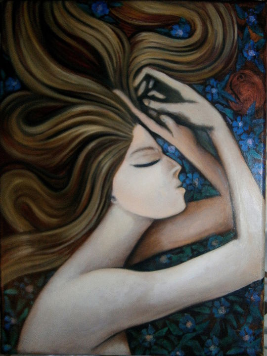 Картина под названием "la belle endormie-…" - Pierre Paul Parmentier, Подлинное произведение искусства, Масло