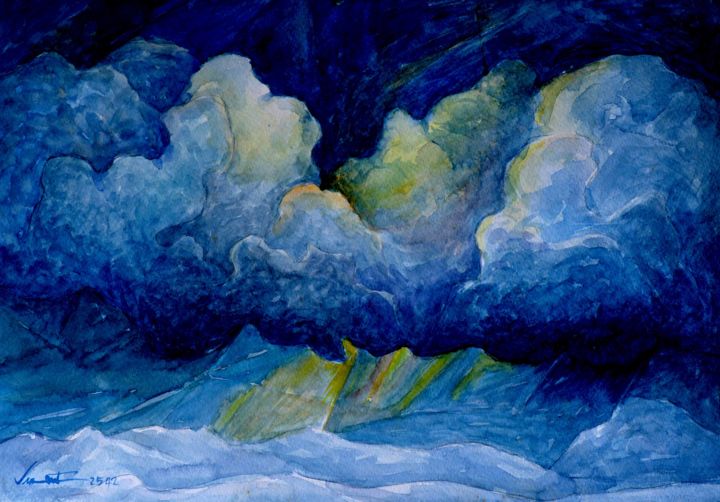 Painting titled "Storm Clouds" by Pracha Yindee, Original Artwork, Watercolor
